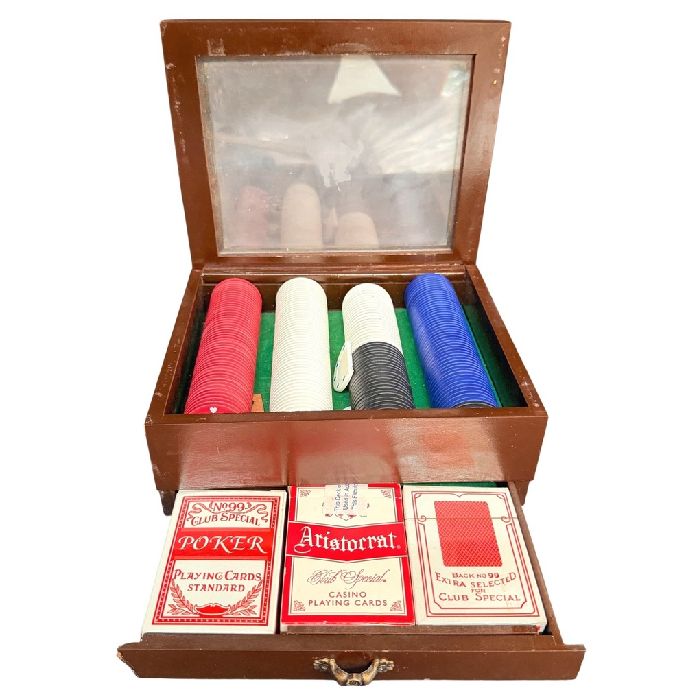 Vintage Aristocrat Poker Set Wooden Box 3 Deck Playing Cards Chips Rulebook LOOK